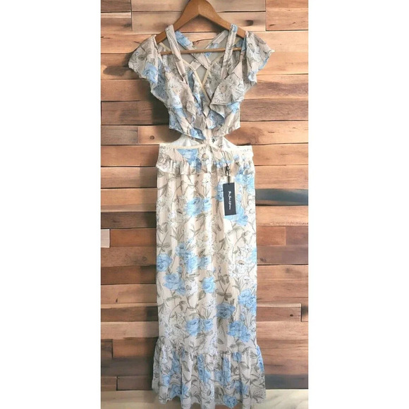 For Love & Lemons Dress Women M Tan Cadence Floral Off the Shoulder Ruff… - Picture 1 of 12